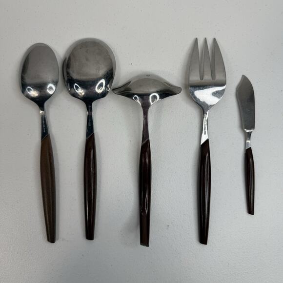 Eldan ELD2-BROWN Set 5 Service Pieces Mid Century Modern Flatware Stainless - Picture 3 of 7